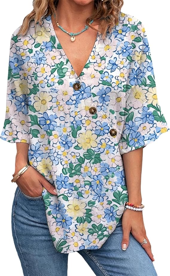 vshapeshirt Women's V-Neck Floral Blouses – Short Sleeve Loose-Fit Boho Casual & Dressy Fashion Tops – Bundle of 10 - Image 1
